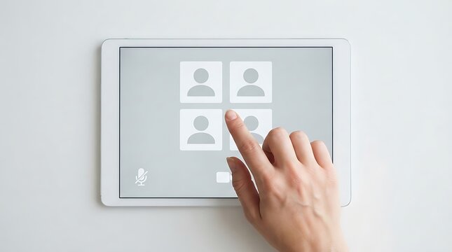 Digital video call interface on tablet screen, online business meeting concept, remote work communication technology
