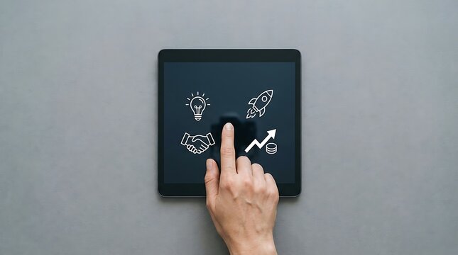 Digital tablet displaying business startup icons, hand touching screen for corporate strategy, minimalist top view overhead flat lay