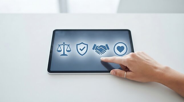 Corporate ethics and compliance concepts, hand touching digital tablet screen with business integrity icons, modern corporate governance