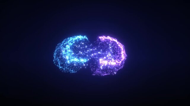 Abstract glowing energy sphere splitting into two halves with blue and purple particles on a dark background