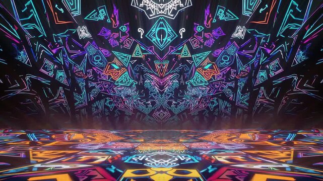Psychedelic flight across neon patterned floor toward ornate tribal mask horizon, main trance VJ loop