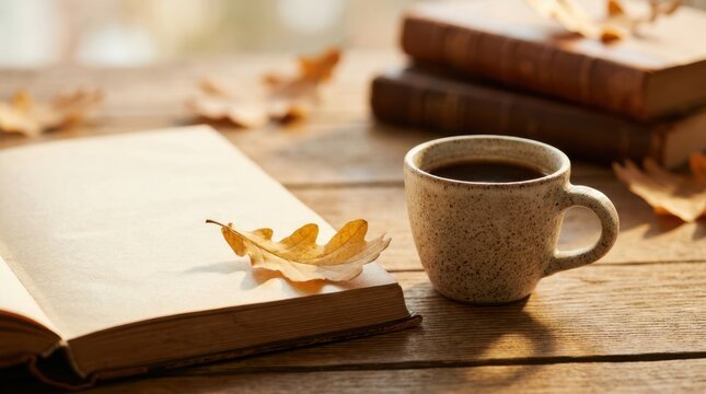 Open vintage book with single autumn leaf and cup of coffee on wood table