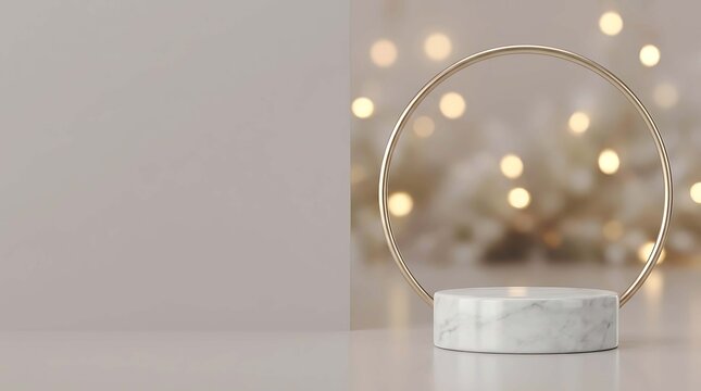 Minimalist product display podium with marble cylinder and gold ring against a neutral background with bokeh lights
