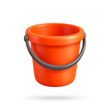 3D Bright orange plastic bucket with dark curved carrying handle shown as a clean 3D render isolated on white background. Vector illustration
