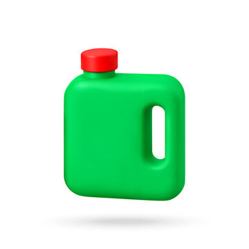 3D Green plastic utility or cleaning liquid container with integrated handle and red cap, rendered in 3D on a white background. Vector illustration
