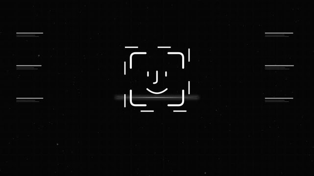 Futuristic biometric interface with white face recognition brackets on black background, concept for digital identity verification and AI scanning, used in cybersecurity and tech UI designs