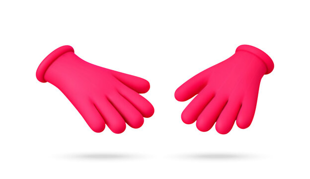 3D Pair of bright pink protective rubber gloves displayed open-handed in a simple 3D render for household cleaning and hygiene concepts. Vector illustration