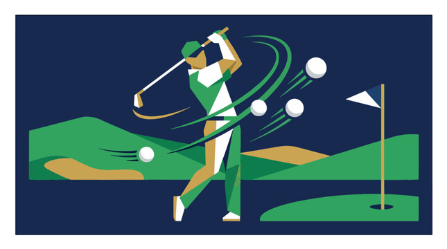 Modern flat vector illustration of a professional golfer swinging club on a green course with flying balls, dynamic motion curves, dark blue background.