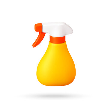 3D Bright yellow spray bottle with white and orange trigger nozzle, rendered in 3D for household cleaning and sanitation concepts. Vector illustration