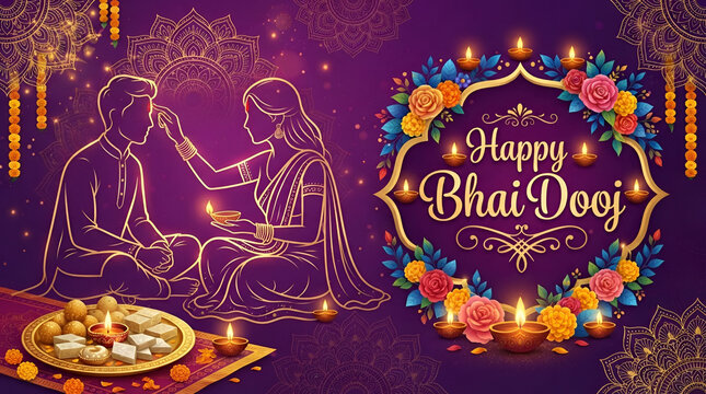 Happy bhai dooj greeting card with traditional sweets and diya lamp illustration