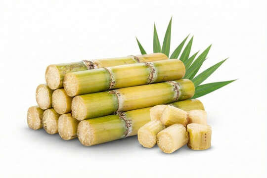 Fresh sugarcane stalks with cut pieces and green leaves isolated on a white background, showcasing juicy fibrous stems and natural.