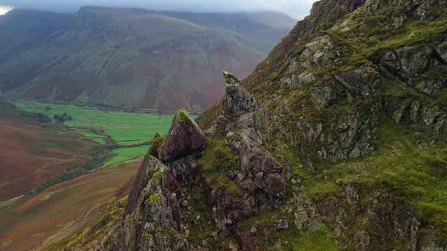 Aerial panoramic views from the Yewbarrow North Top to the Wasdale Head, Wast Water, Scafell, Kirk Fell.  Scenic Drone POV Exploration of the Lake District National Park, Cumbria, UK.