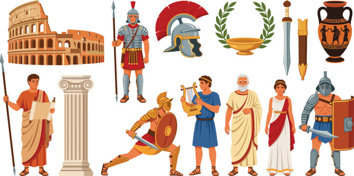Ancient Rome vector illustration icon set featuring Colosseum gladiator soldier emperor column amphora laurel wreath sword isolated on white background