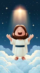 Fototapeta premium cartoon Jesus rising joyfully above the clouds in a radiant sky illustration