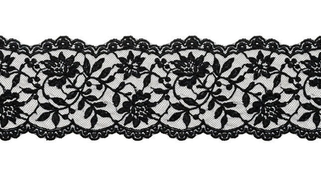 Elegant black floral lace trim ribbon border displayed horizontally on transparent background