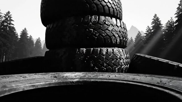 Black and white composition of a stack of old tires in a dark forest setting with mountain background