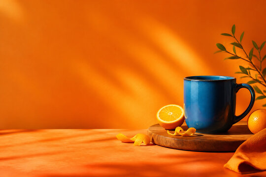 A blue mug and sliced oranges sit on a wooden coaster against a warm orange background with sunlight casting shadows.