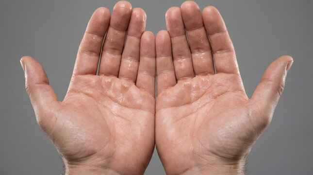 Sweaty Palms and Palmar Hyperhidrosis Concept, Close-Up of Wet Open Hands on Gray Background for Dermatology, Anxiety, Health Care and Personal Hygiene Advertising