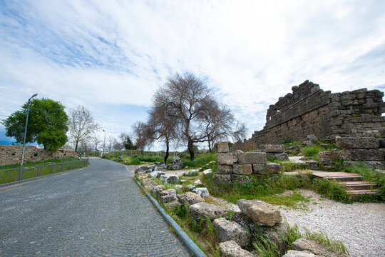 Ancient City of Side. This photograph shows the remains of the Vespasian Fountain and the Monumental Entrance Gate.

