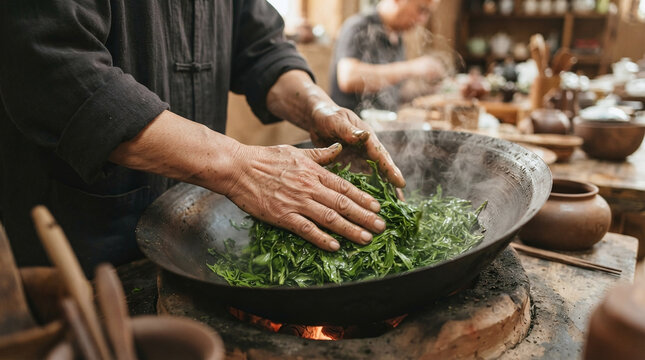 Tea master bare hands pressing green longjing tea leaves in hot iron wok