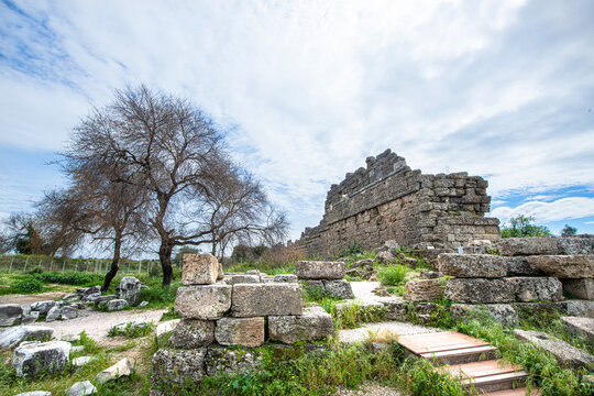 Ancient City of Side. This photograph shows the remains of the Vespasian Fountain and the Monumental Entrance Gate.
