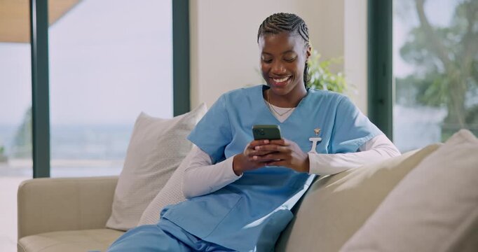 Nurse, woman and phone on couch with laugh, funny text message and social media post on work break. Happy, black person or healthcare worker in home with tech, internet meme or typing for online chat