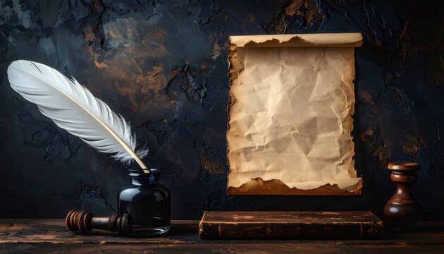 Quill pen, inkwell, scroll, and old book on wooden desk
