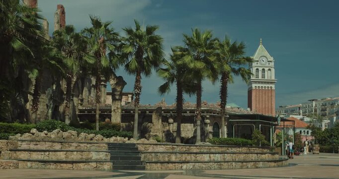 Wide View of Venice Clock Tower and Plaza in Sunset Town, Phu Quoc, Vietnam