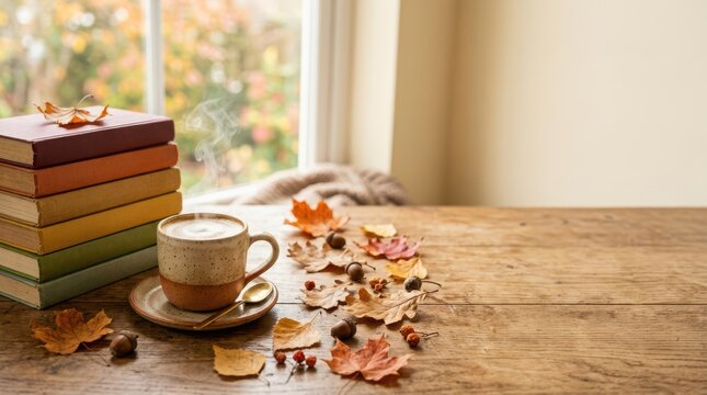 Stack of books and coffee cup on wooden table with autumn leaves