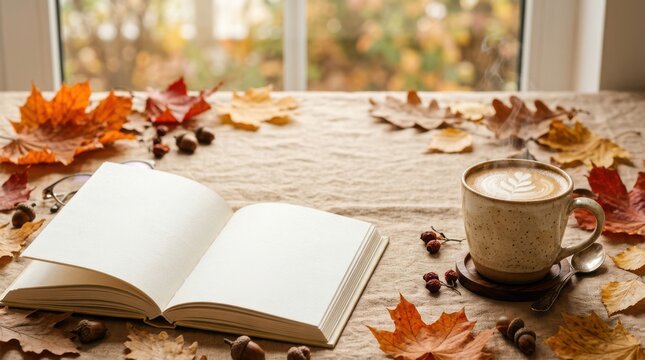 Open book and cup of coffee surrounded by dry autumn maple leaves with cozy home