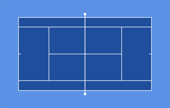 Top view of blue hard tennis court layout template with white lines