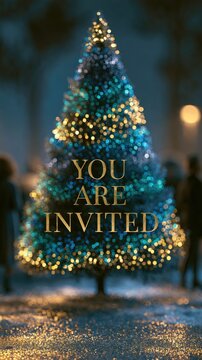 elegant festive invitation with decorated christmas tree and glowing lights