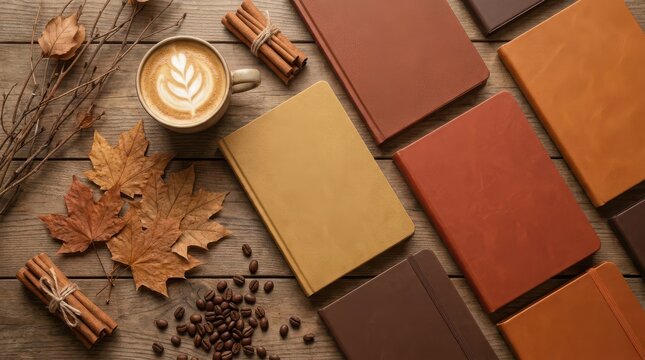Stack of colorful notebooks with coffee and autumn decor on wooden table