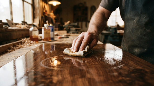 Cabinetmaker hands applying shellac with cloth rubber for french polish