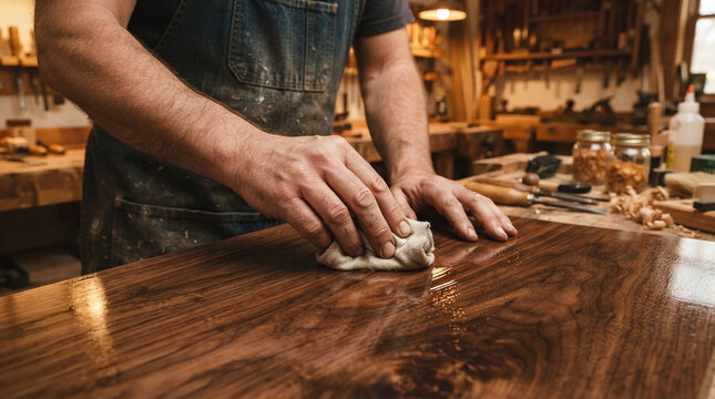 Cabinetmaker hands applying shellac with cloth rubber for french polish