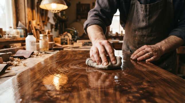Cabinetmaker hands applying shellac with cloth rubber for french polish