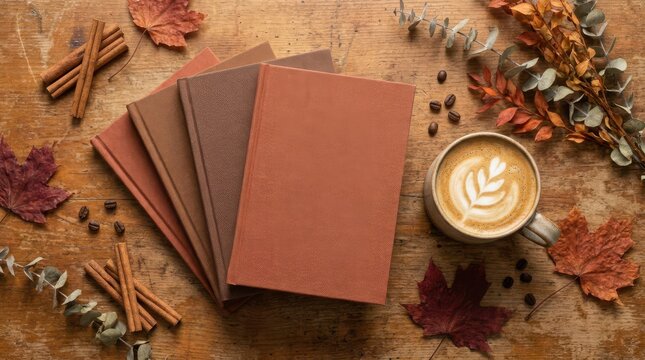 Row of colorful notebooks and coffee mug on a rustic wooden table with lifestyle