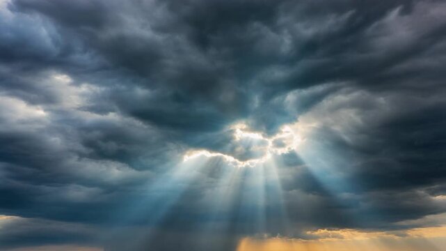 Dramatic God Rays Breaking Through Dark Stormy Clouds, Wide Angle Aerial View of Heavenly Sunbeams Shining Down, Cinematic Nature Background