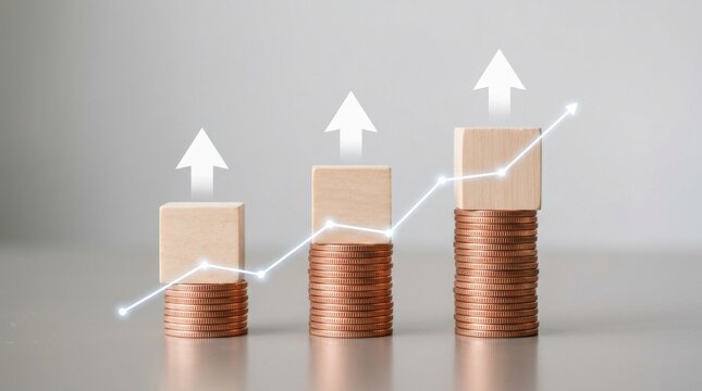 Financial growth represented by stacked coins and wooden blocks with upward trending arrows on white background