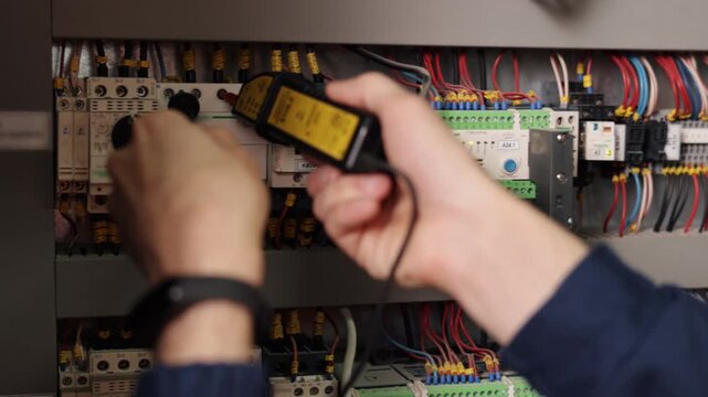 Circuit breaker, Circuit testing, Wiring issues. Close-up shot electrician testing circuits using multimeter on colorful breaker panel.