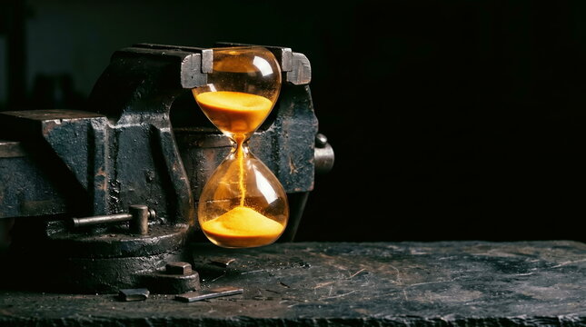 Hourglass held in vise with sand flowing on dark workshop table, symbolizing time pressure and deadlines.
