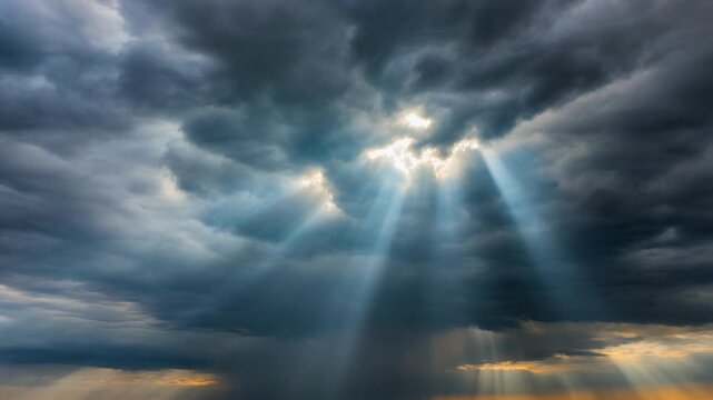 Dramatic Sun Rays Breaking Through Dark Stormy Clouds, Wide Angle Aerial Drone View, Epic Cinematic Full HD Sky Background