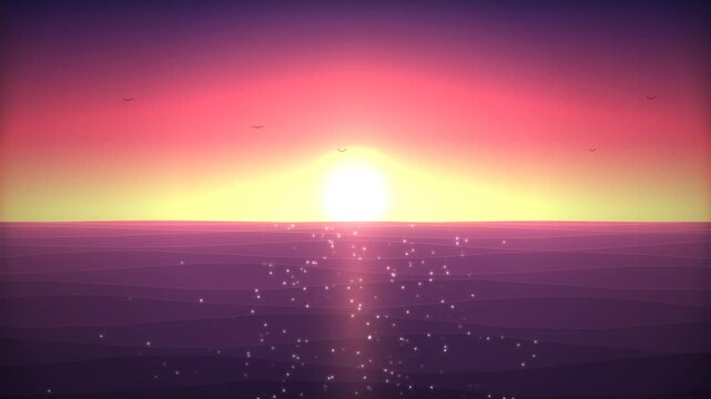 Vibrant sunset over calm ocean waves with sparkling water and silhouetted birds flying in the colorful sky
