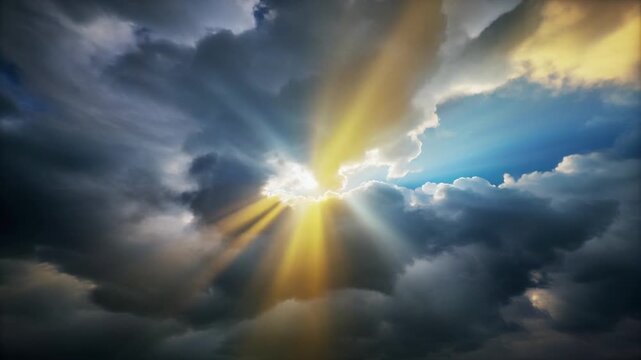 Dramatic Sunbeams Breaking Through Dark Storm Clouds with Intense Blue Sky and Golden Light Rays
