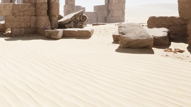 Amidst endless dunes, remnants of ancient stone structures stand silently, telling stories of a long lost civilization. The sun casts a warm glow over the desert landscape.
