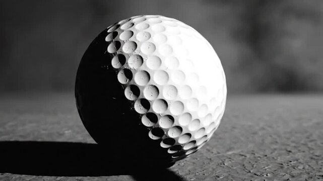 Dramatic slow motion close up of a golf ball with sharp shadow against a blurred background