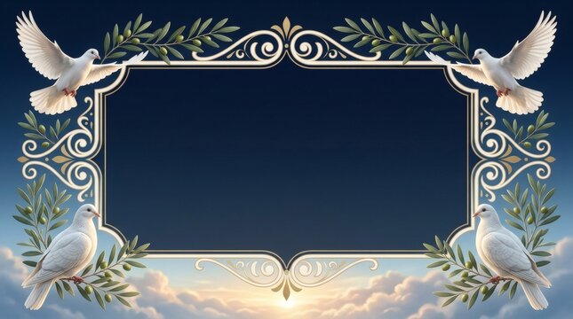 Elegant white doves and olive branch frame on dark blue sky background
