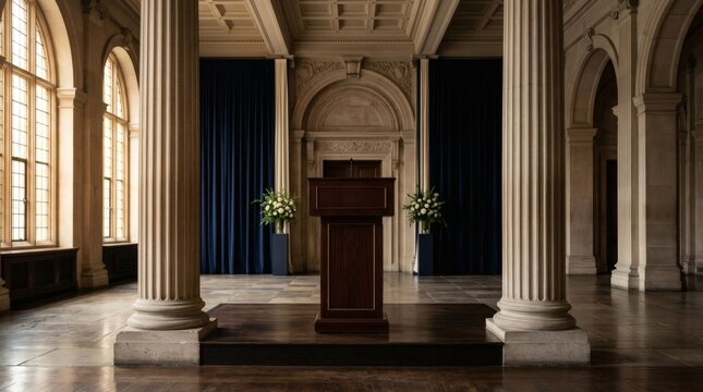 Empty wooden podium on stage inside grand classical conference hall