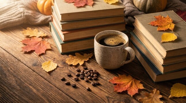 Stack of books and mug of hot coffee on wooden table with autumn decorations