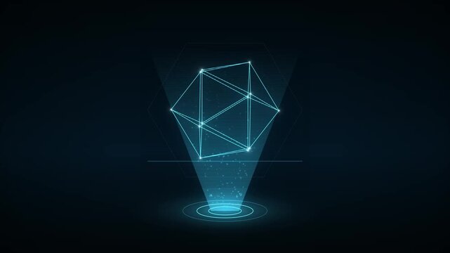 Futuristic holographic projection of a rotating geometric wireframe polyhedron in a dark digital space